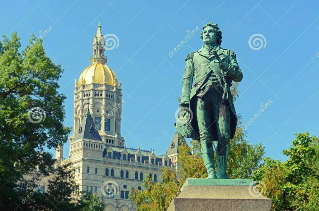 Israel Putnam statue in front of Connecticut State Capitol, Hartford, Connecticut, USA. This building was designed by Richard Upjohn with Victorian Gothic Revival style in 1872.
