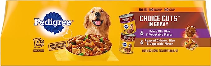 PEDIGREE CHOICE CUTS IN GRAVY Adult Canned Soft Wet Dog Food Variety Pack, Prime Rib, Rice & Vegetable Flavor and Roasted Chicken, Rice & Vegetable Flavor, 13.2 oz. Cans (Pack of 12)
