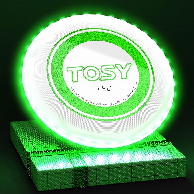 TOSY 36 & 360 LED Flying Disc - Extremely Bright, Smart Auto Light Up, 175g Frisbee, Rechargeable, Patent-Pending, Gift for Adult/Men/Boys/Teens/Kids, Birthday, Lawn, Outdoor, Beach & Camping Games