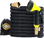 J&B XpandaHose 50ft Expandable Garden Hose with Holder - Heavy Duty Superior Strength 3750D - 4 -Layer Latex Core - Extra Strong Brass Connectors and 10 Spray Nozzle w/Storage Bag (Black 50)#PlantAFlowerDay